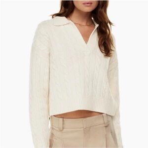 Aritzia Sunday Best Cream Open Neck Polo Cable Knit Cropped Wool Blend Sweater M